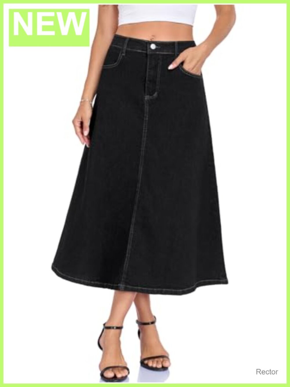 Womens Denim Midi Skirt High Waisted A-Line Stretchy Cotton Blend with Pockets
